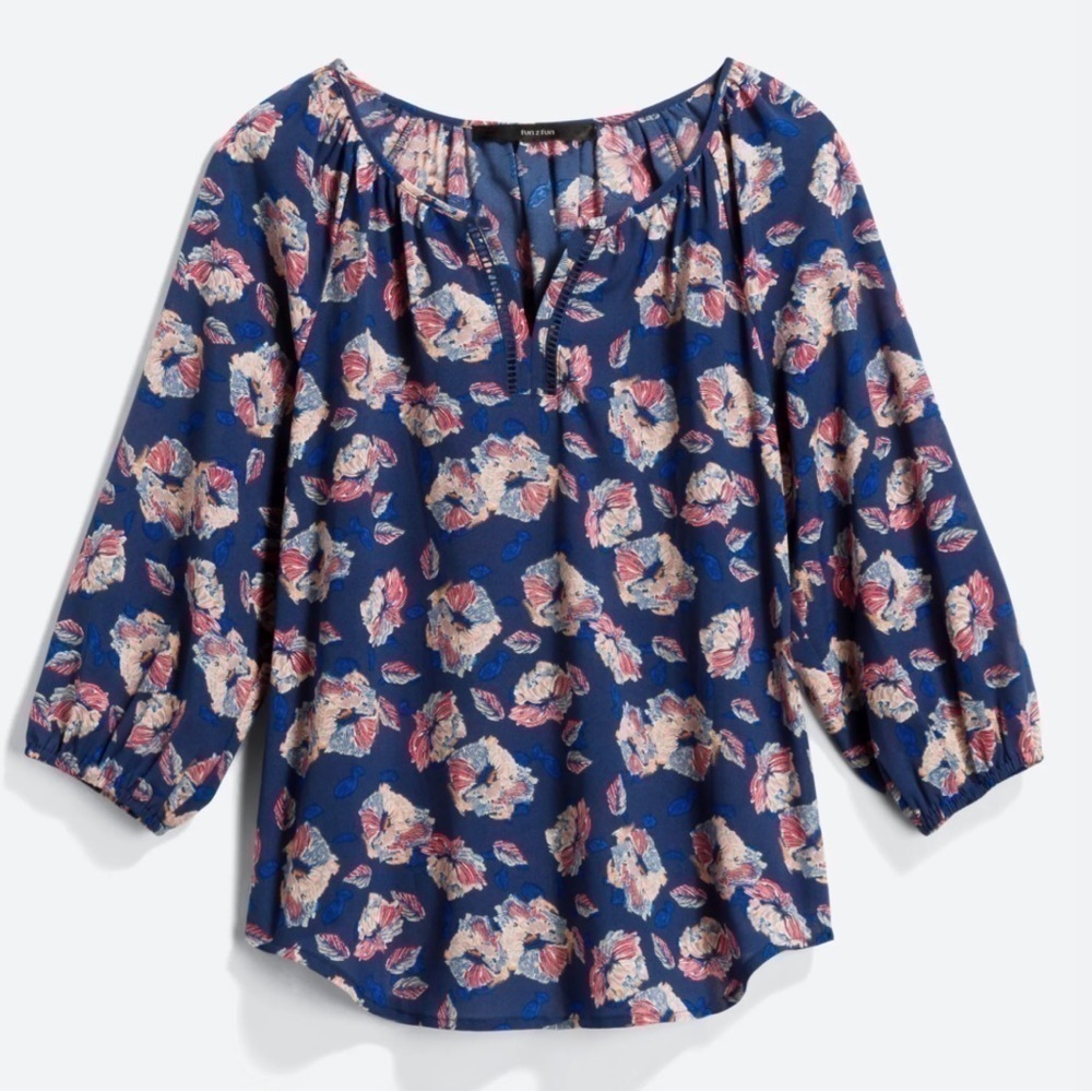 ๐
บFun 2 Fun Aleta Lattice Detail Blouse - Blue Floral - Size Xsmall